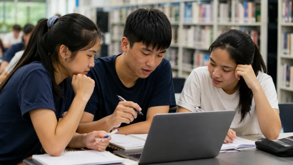 Singapore Students Discussing JC Choices in School Library Singapore students discussing Junior College choices together in a school library