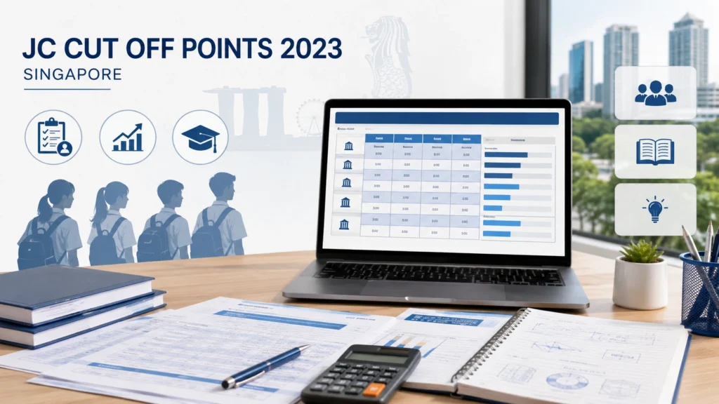 Singapore JC Cut Off Points 2023 ā L1R5 Admission Scores Singapore JC Cut Off Points 2023 infographic showing L1R5 admission score comparisons on a student study desk