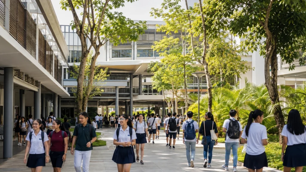 Singapore Junior College Campus with Students Singapore junior college campus with students walking between modern school buildings