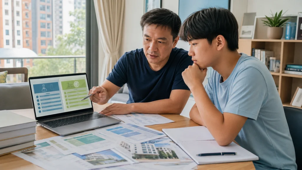 Singapore Junior College Choices ā Arts vs Science Comparison Student and parent comparing Singapore Junior College choices with Arts and Science course options on a laptop